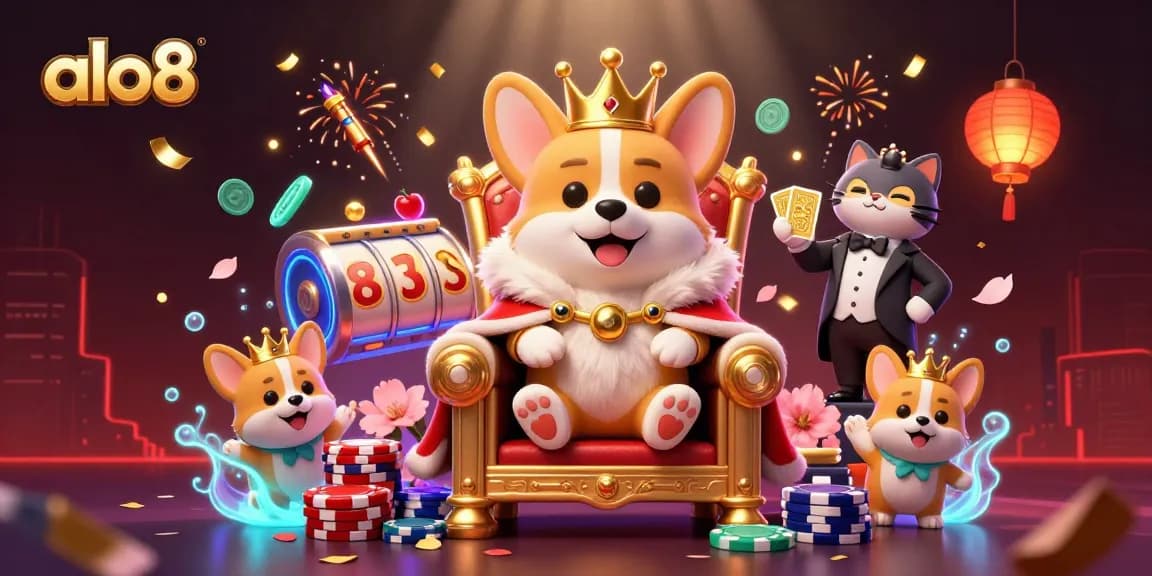 alo8's royal corgi presides over a casino throne amidst floating slot reels and confetti.