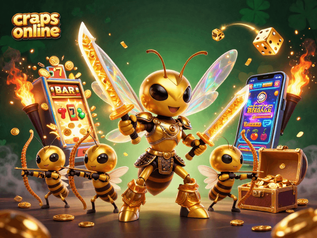 Experience thrilling craps online with an exciting scene of a hornet samurai and golden game elements.