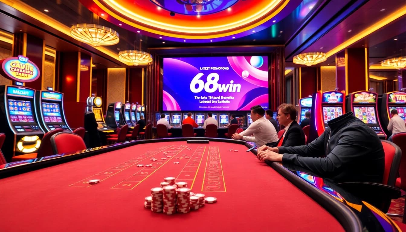 Experience thrilling baccarat action at 68win casino with vibrant slot machines and poker chips.