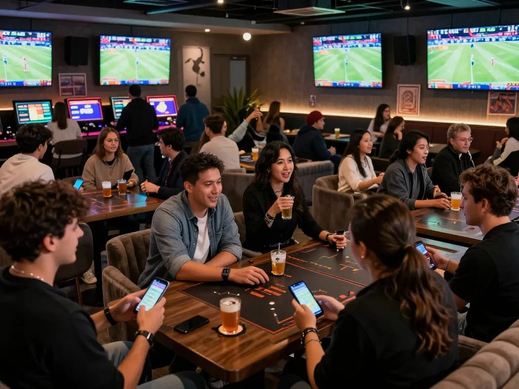 Tỷ lệ kèo nhà cái hôm nay captured in a lively sports betting lounge with patrons cheering and engaging in wagers