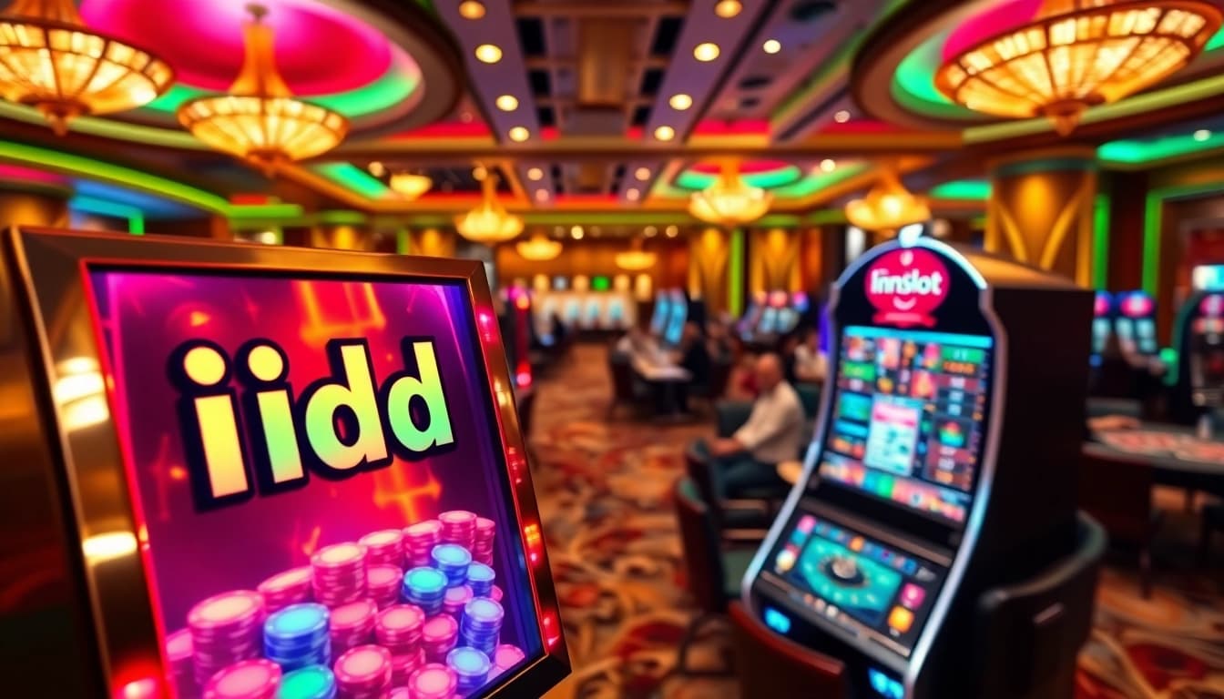 Experience thrilling idnslot gameplay at a luxurious casino with vibrant slot machines and tables.