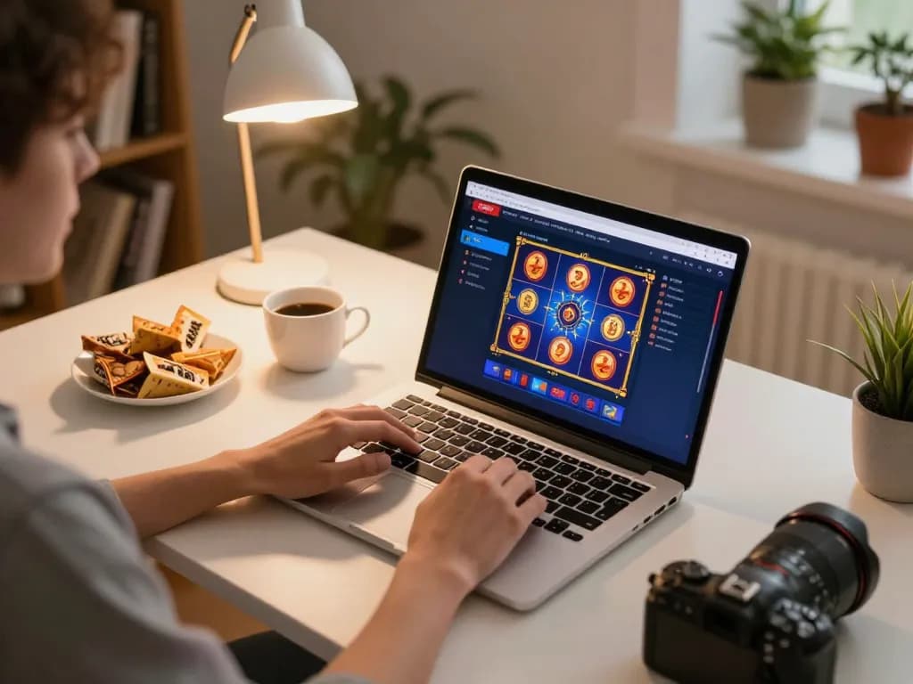 Person playing USBET online slots on a laptop, showcasing a cozy gaming setup at home.