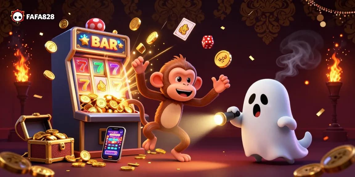 Engage with FAFA828's vibrant gaming universe as a mischievous monkey juggles coins around a bustling casino scene.