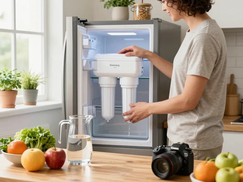 Homeowner installing the Waterdrop DA29-00020B Replacement for Samsung® Water Filter in a bright kitchen, emphasizing health and family wellness.
