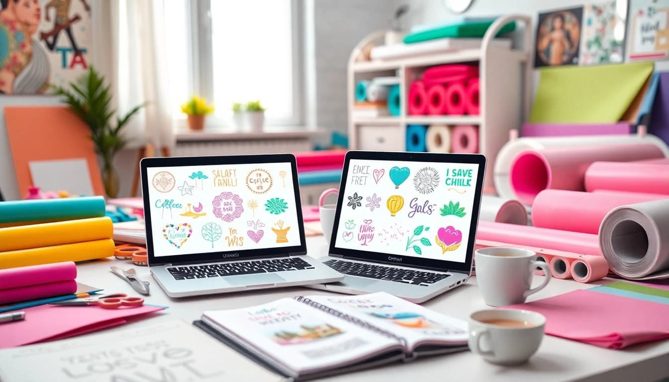 Craft workspace with Cricut cutting machine and vibrant design bundles SVG displayed on laptop.