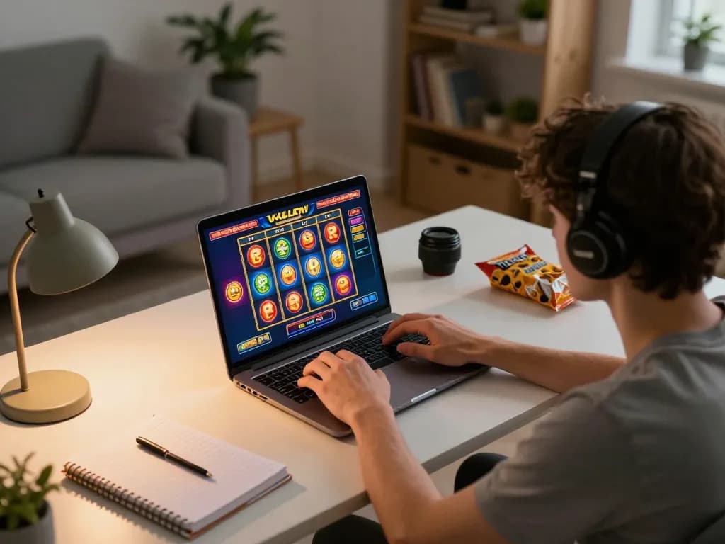 Engaging in online slots at https://7hh.games/, showcasing a cozy home gaming setup with vibrant interface.