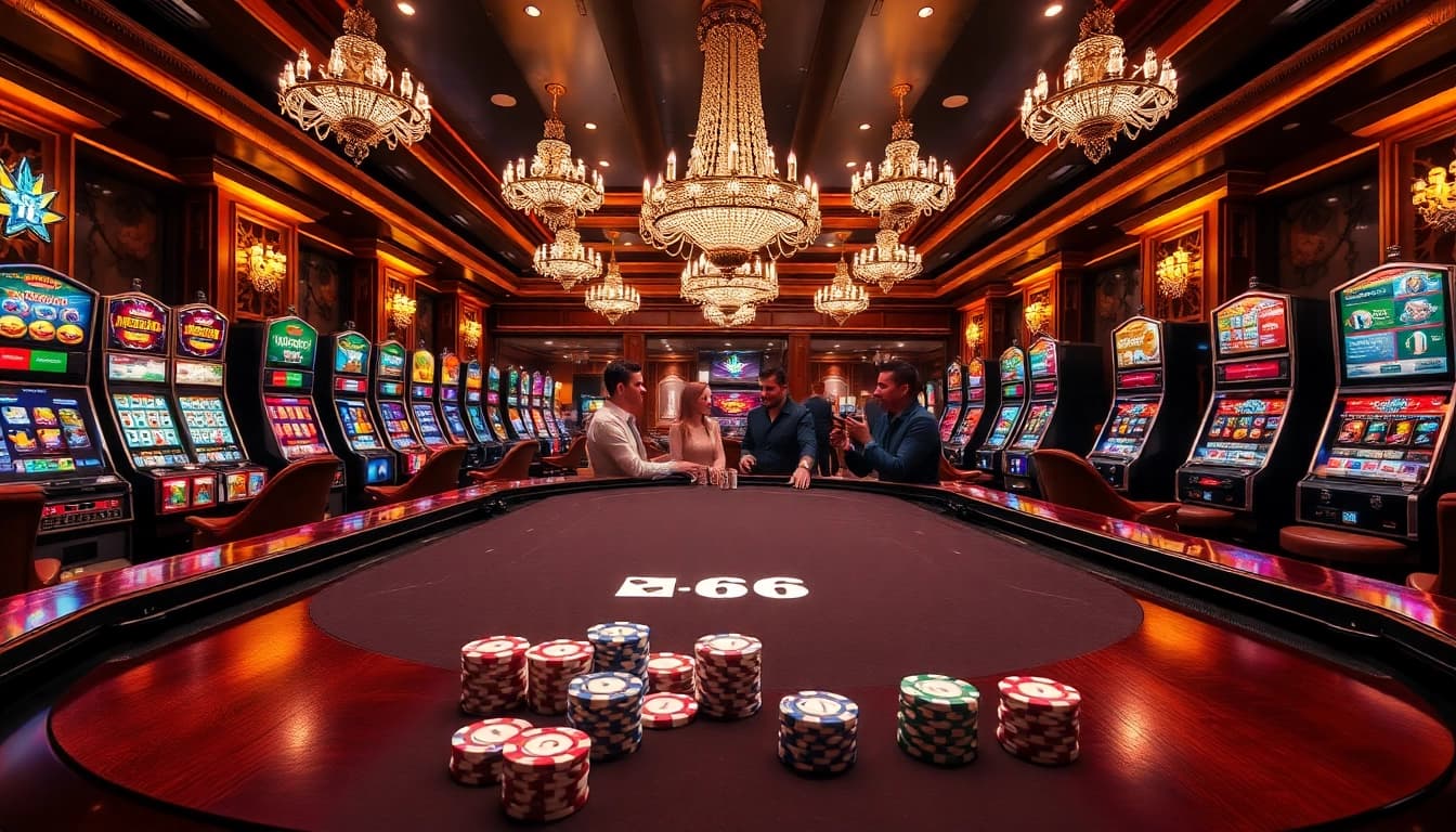 Experience high-stakes gaming with mb66 at a luxurious casino poker table filled with vibrant slot machines.