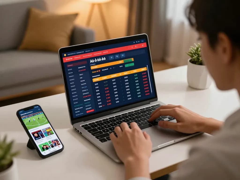 Engaged user analyzing kèo nhà cái odds on their laptop and smartphone in a stylish home office