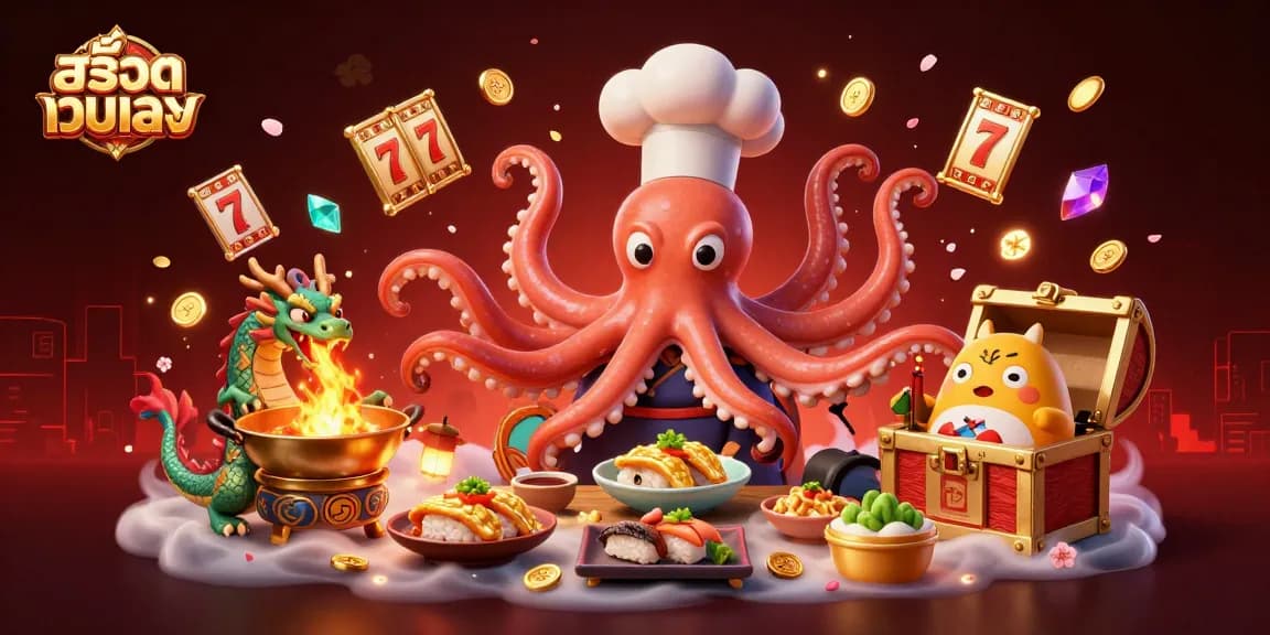 Engage withสล็อตเว็บตรง exciting slots while feeding the octopus chef and dragon in a vibrant casino.