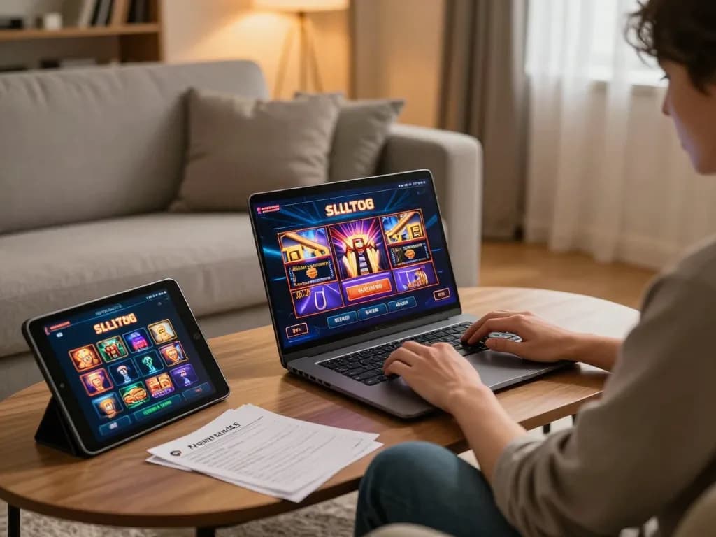 Engaging in slot88 online gaming from a cozy living room setup with strategic notes visible.