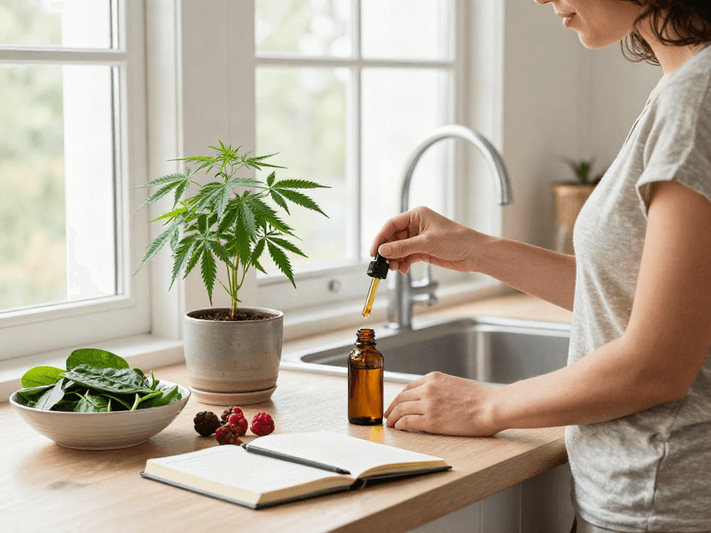 Muha Meds CBD oil tincture being taken in a bright wellness kitchen with fresh hemp and smoothie ingredients.