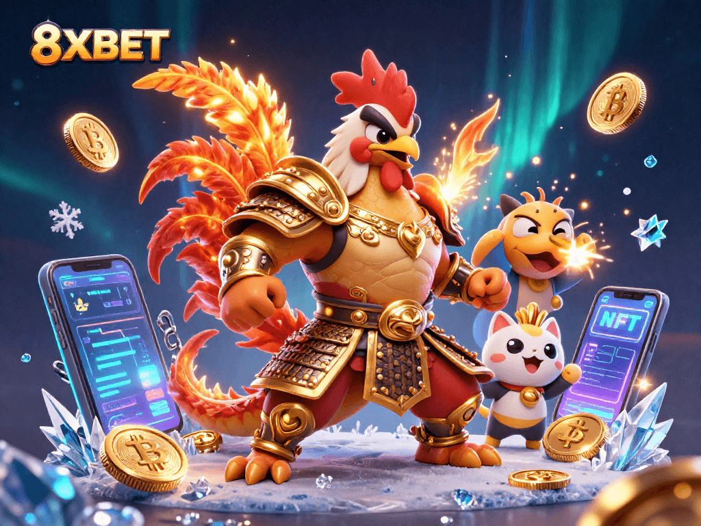 Engage with thrilling games at 8XBET, featuring a dynamic scene of warriors and crypto elements.