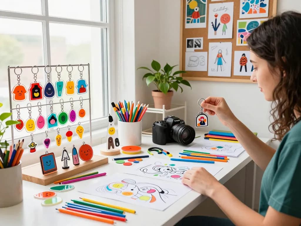 Customized keychain samples displayed in a creative workspace with an artist designing new ideas.
