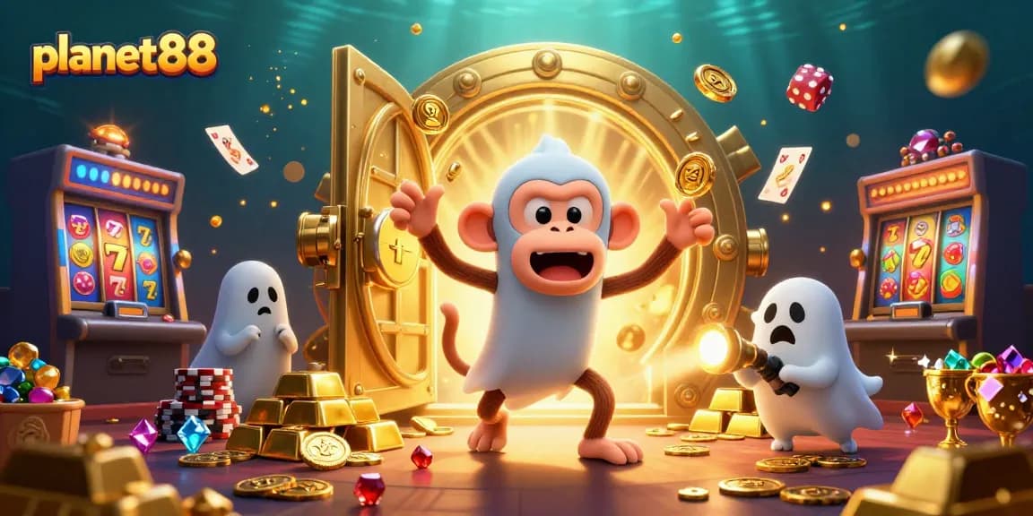 Experience the thrill of planet88 with animated characters in a vibrant casino setting filled with luck.