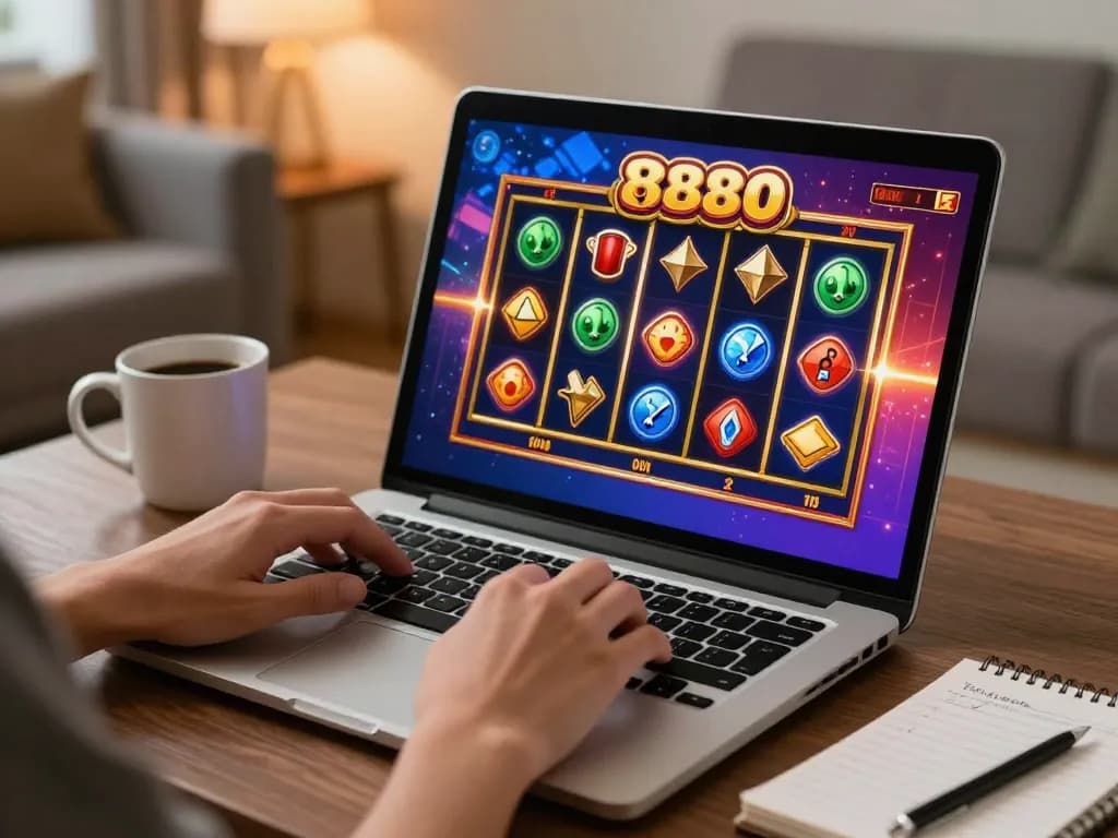 Playing slot88 with vibrant reels on a sleek laptop in a cozy home setting