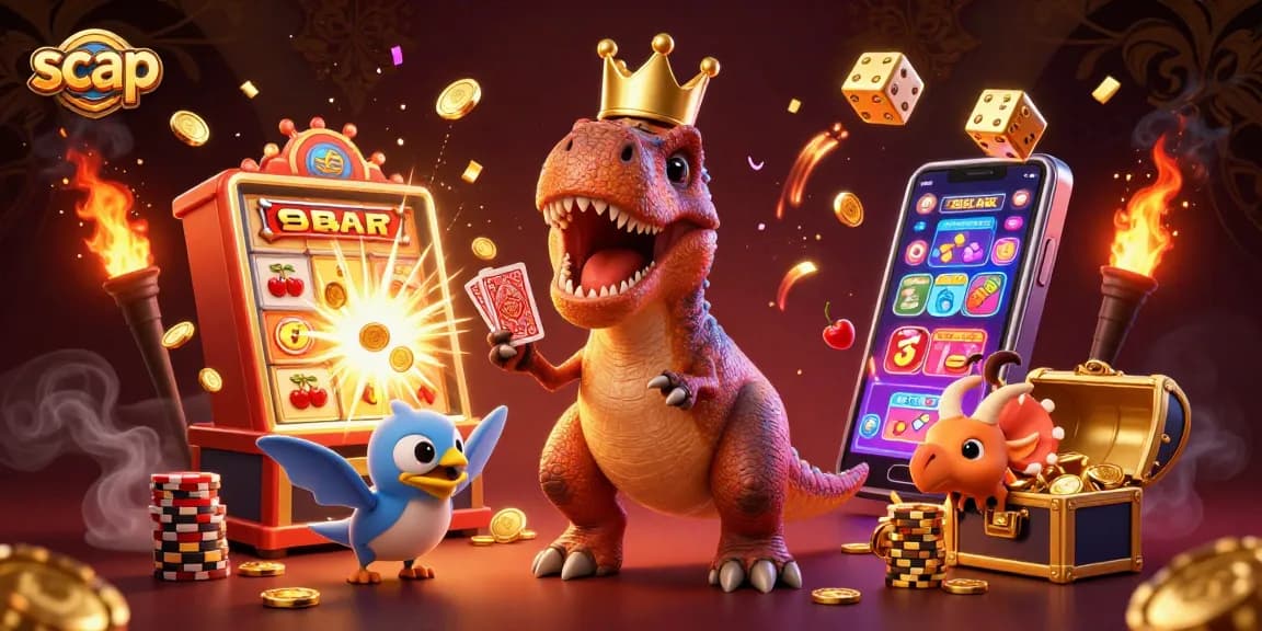 Engage in thrilling gameplay at scap with a T-Rex shuffling cards and a jackpot explosion.