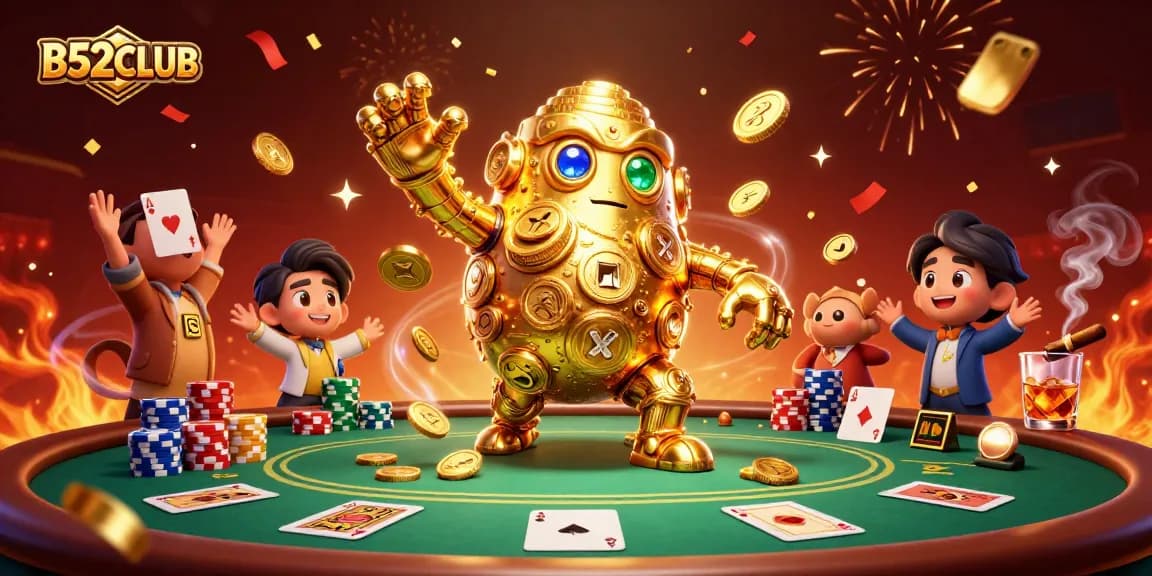 Experience the thrill of winning at B52CLUB with a golden golem and poker elements in a dynamic casino scene.