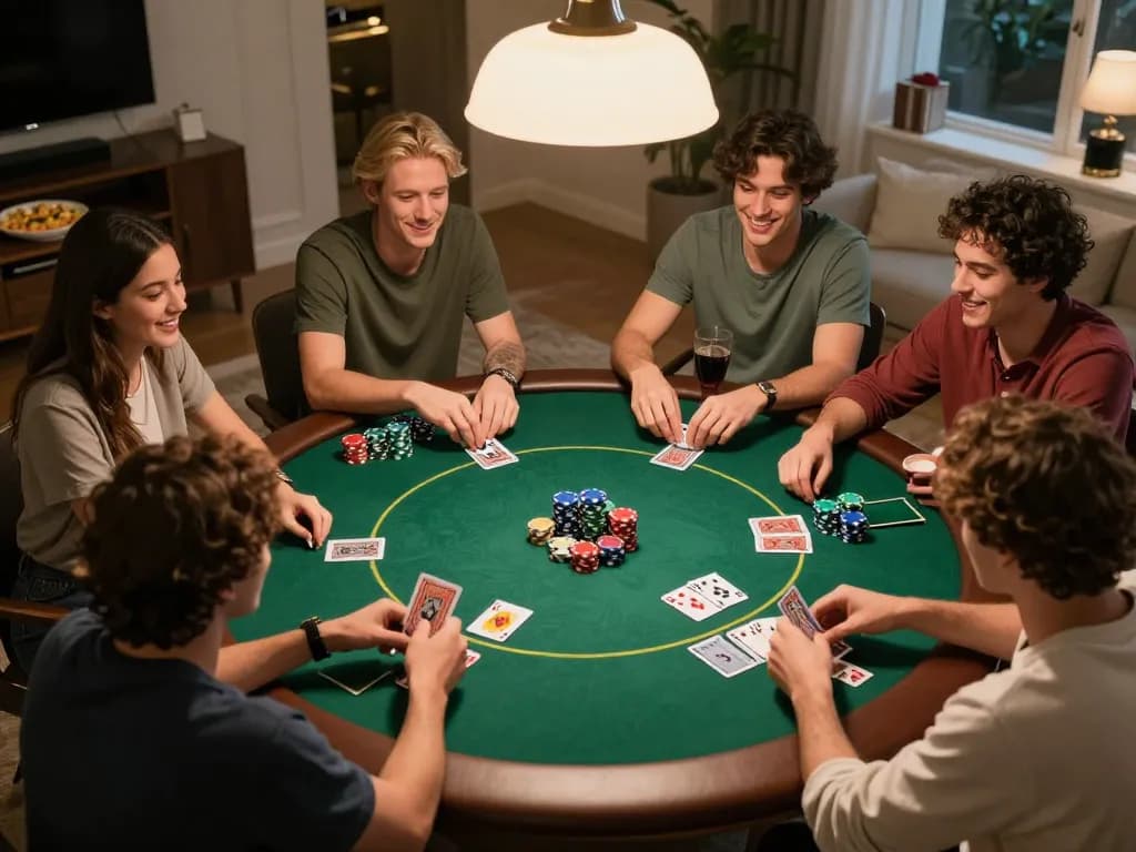Friends enjoying a lively betbet poker night at home with cards and chips spread across the table.
