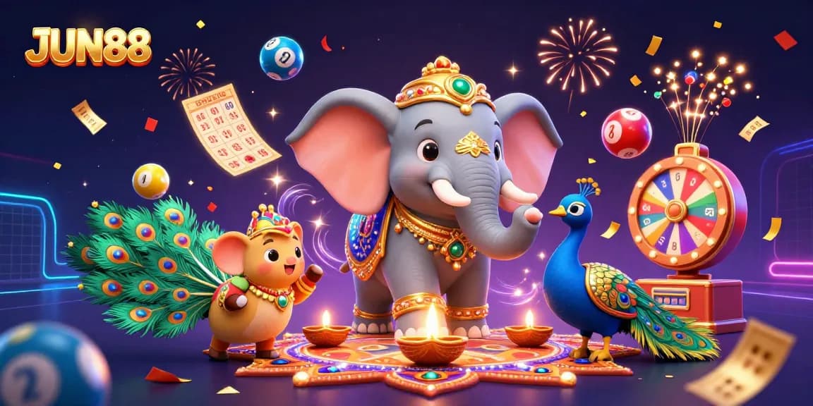 Join the fun at JUN88 with dynamic lottery elements and festive 3D characters in this vibrant illustration.