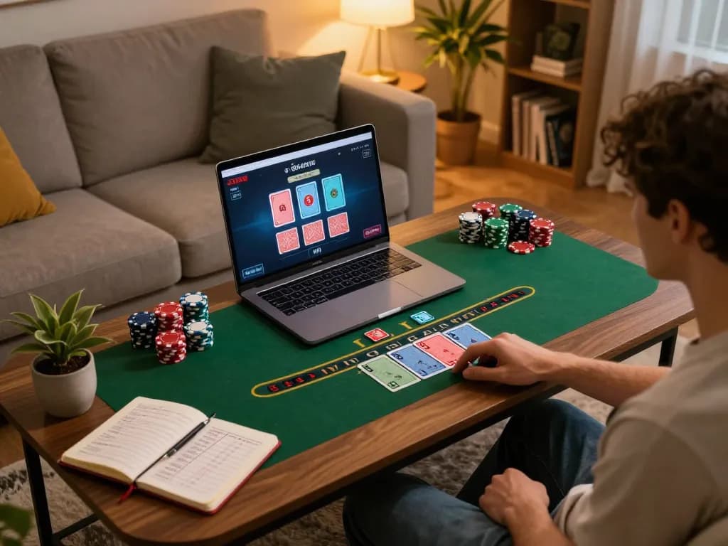 HB88 online gambler enjoying blackjack in a cozy home setting, showcasing responsible gaming practices