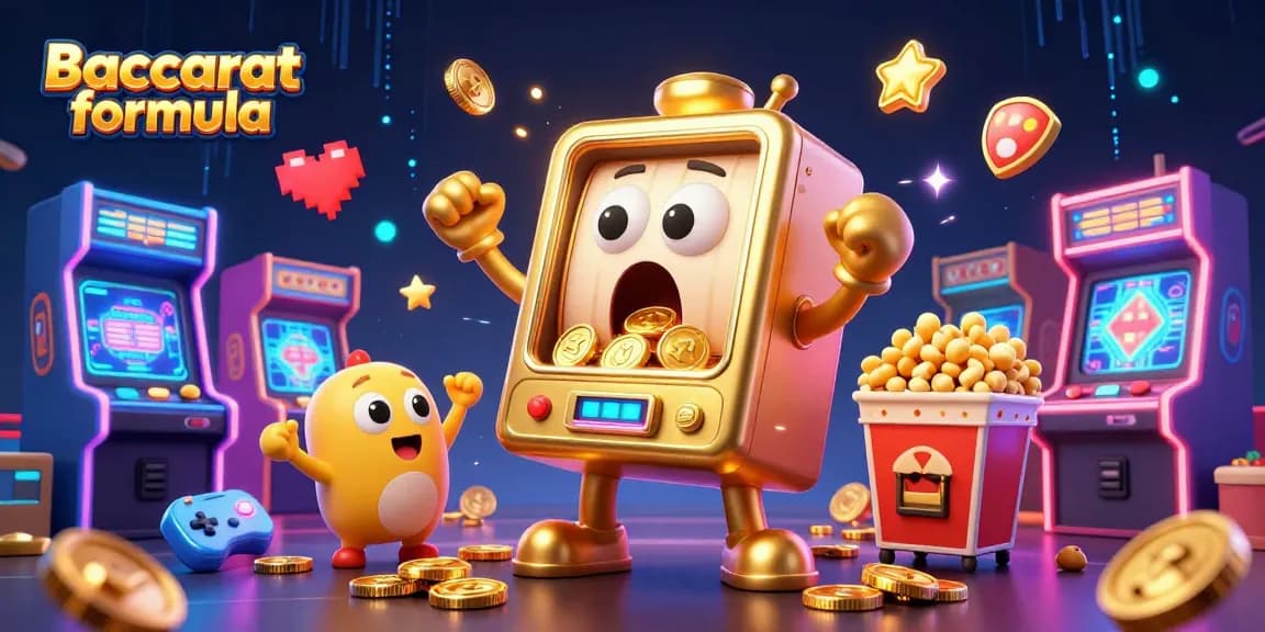 Experience the Baccarat formula with animated slot machines celebrating wins amid vibrant casino graphics.