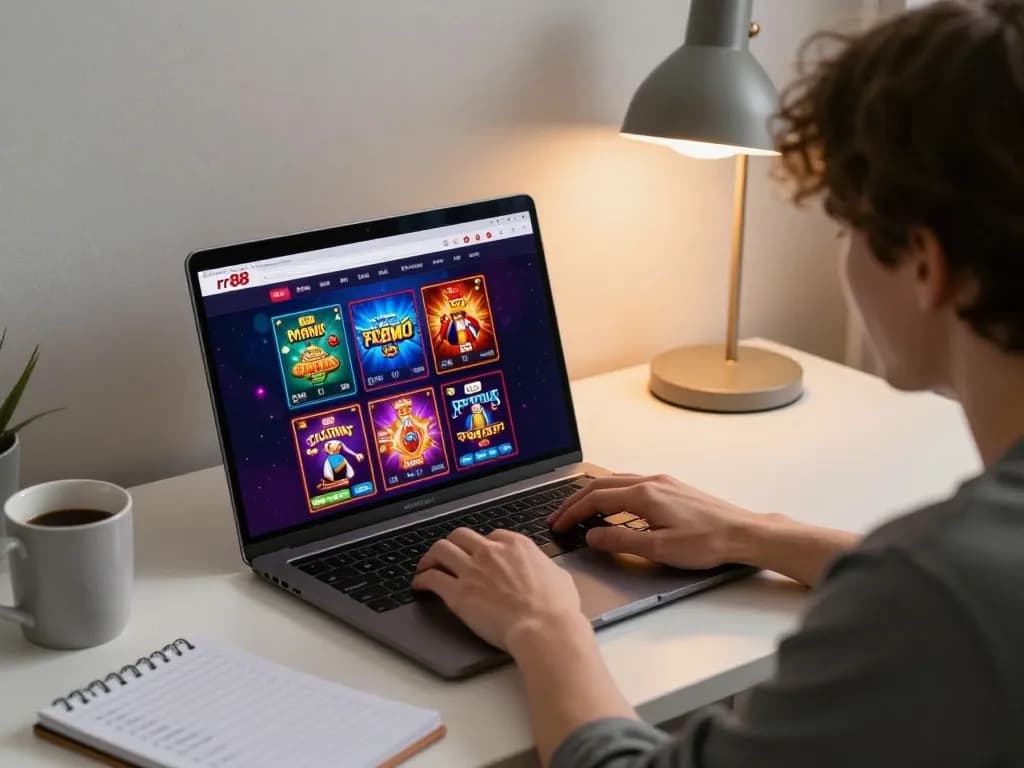 Engage with rr88 online casino gaming strategy at home, showcasing vibrant game interface and personal setup.