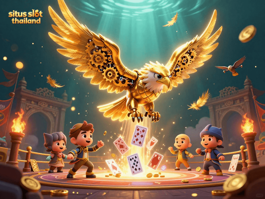 Engage in situs slot thailand with a dazzling scene of a cybernetic eagle amidst vibrant gaming visuals.