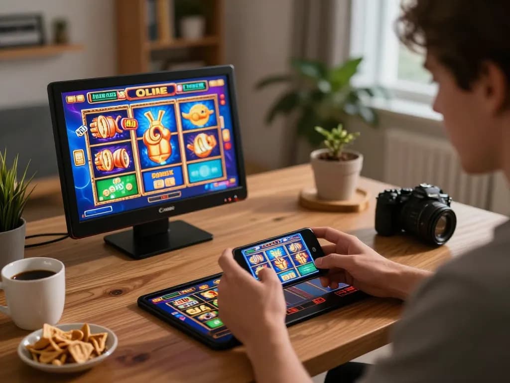 Engaging with slot depo 10k mobile games from a cozy home desk, showcasing vibrant visuals and personal atmosphere