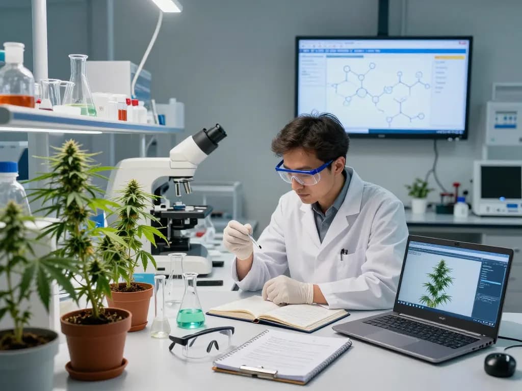 Cannabinoid manufacturer Europe expert analyzing samples in high-tech lab with hemp plants and data displays.