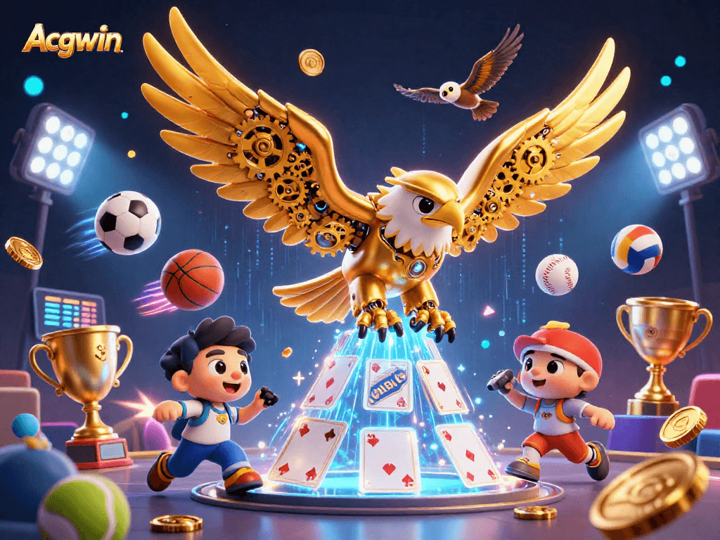 Acgwin showcases a vibrant 3D illustration of a cybernetic eagle amidst sports betting excitement.