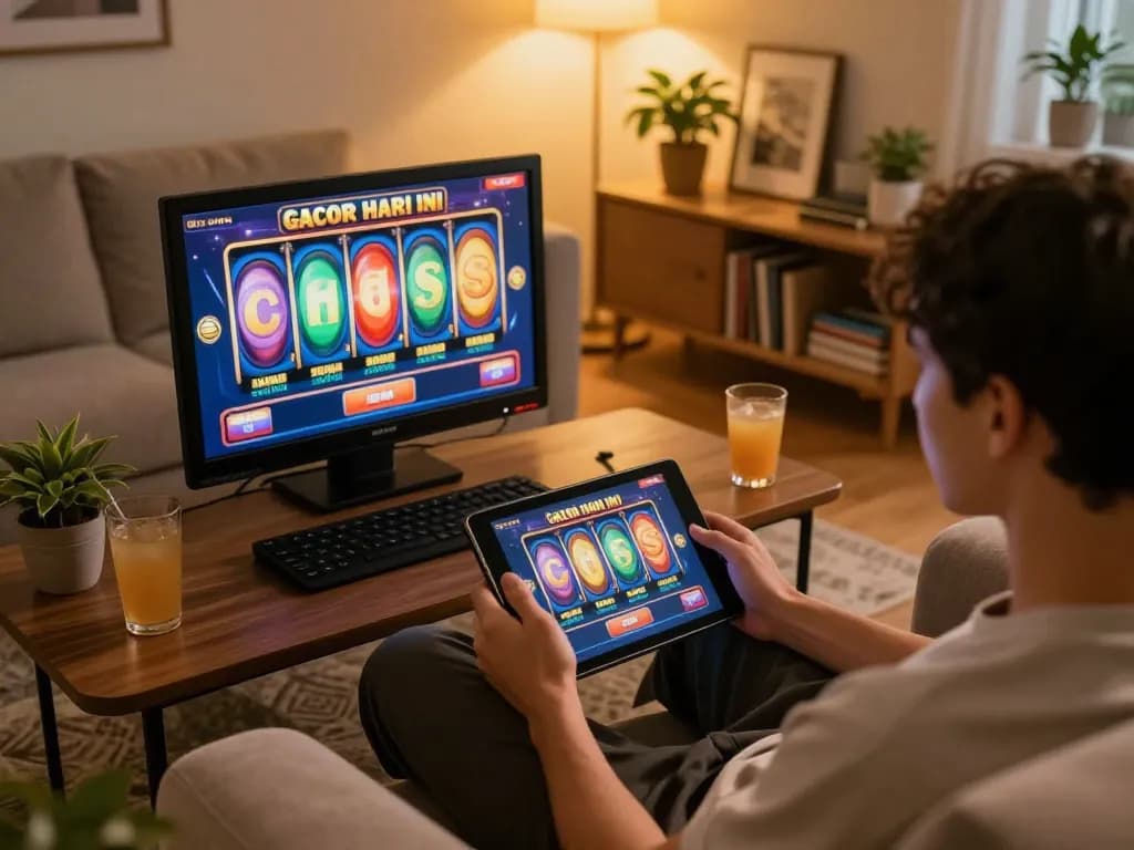Engaging with slot gacor hari ini using tablet in a warm, cozy home environment.