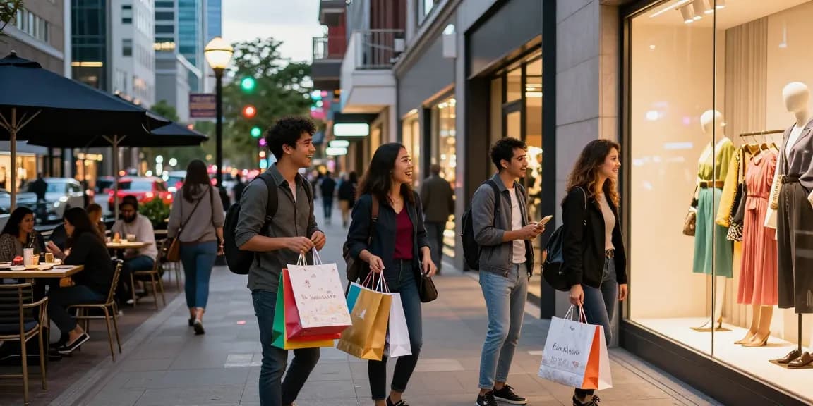 Friends enjoying a shopping spree in urban district at https://forumup.org/shop/search.php?ca_id=&addr1=&addr2=&addr3=&schKeyword= with stylish storefronts and lively atmosphere.