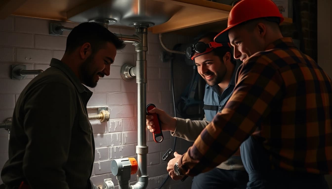 NYC emergency plumber & sewer team fixing a burst pipe in a home, showcasing professionalism and urgency.