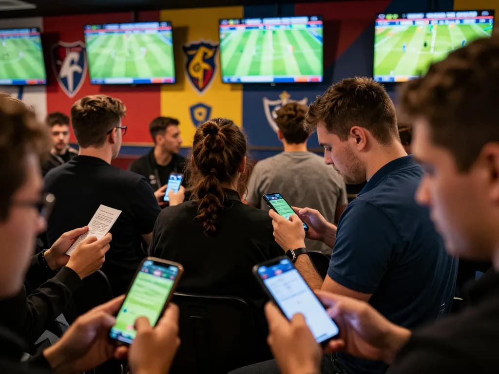 Fans engaging in live sports betting on nowgoals platform, excitedly checking odds