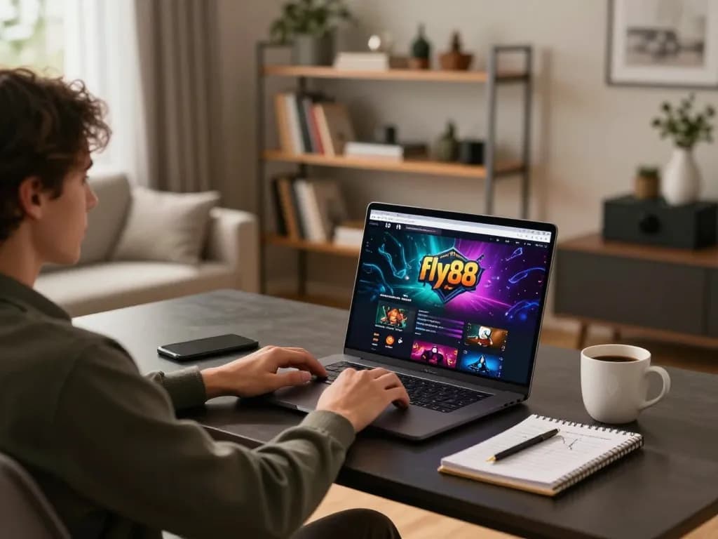 Player engaging with fly88 online gaming platform from a stylish home office.
