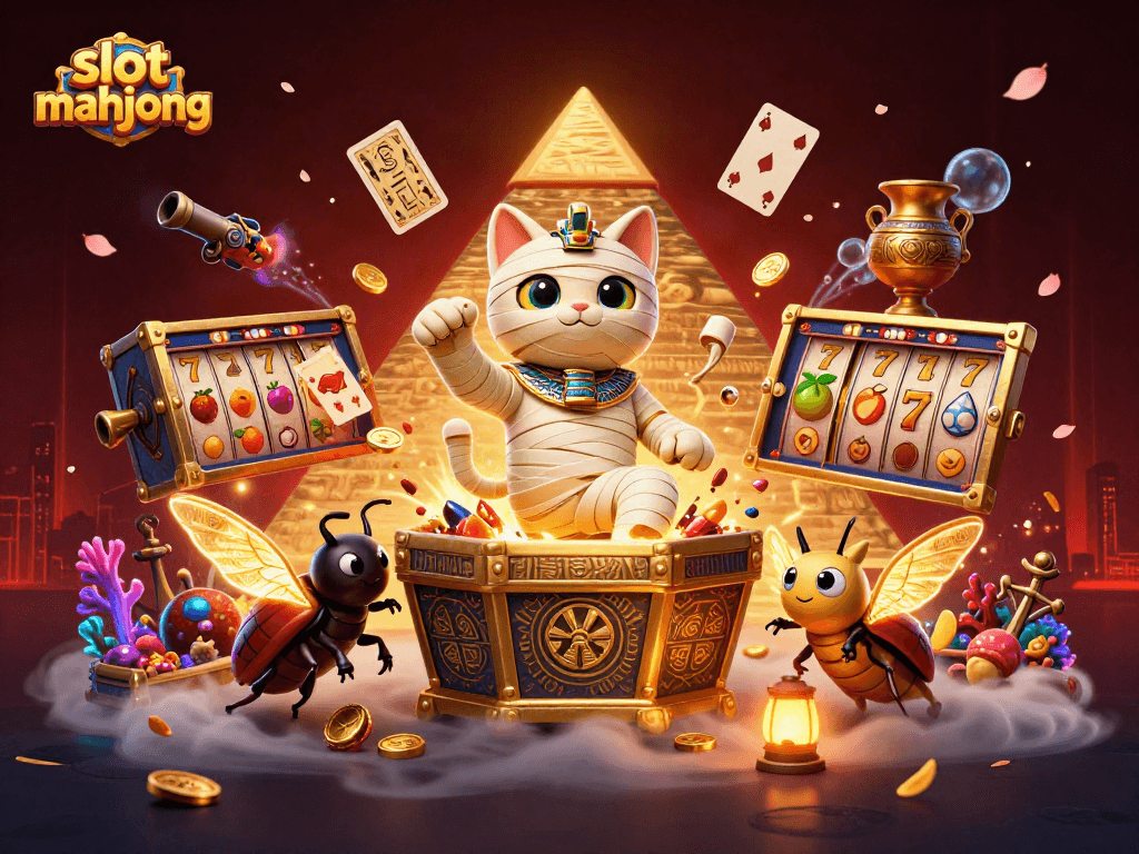 Experience the thrill with slot mahjong amidst a vibrant casino adventure featuring a mummy cat.