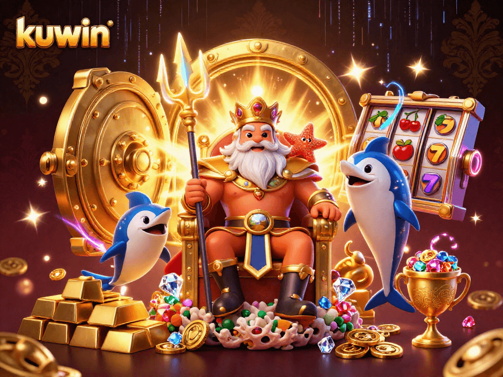 Kuwin offers a vibrant illustration of Neptune king surrounded by slots and treasures, enticing online gamblers.