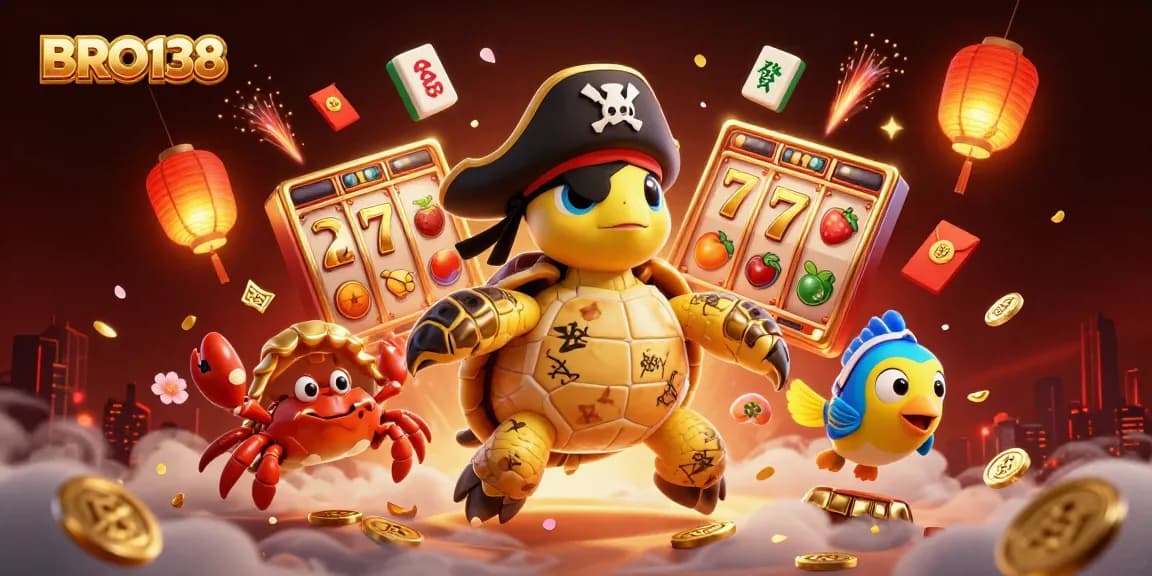 Engage in thrilling slot adventures at BRO138, adorned with captivating characters and vibrant casino elements.
