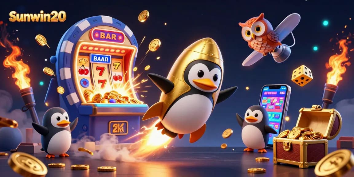 Experience win-filled adventures with sunwin20, featuring a gold penguin racing through a vibrant casino space.