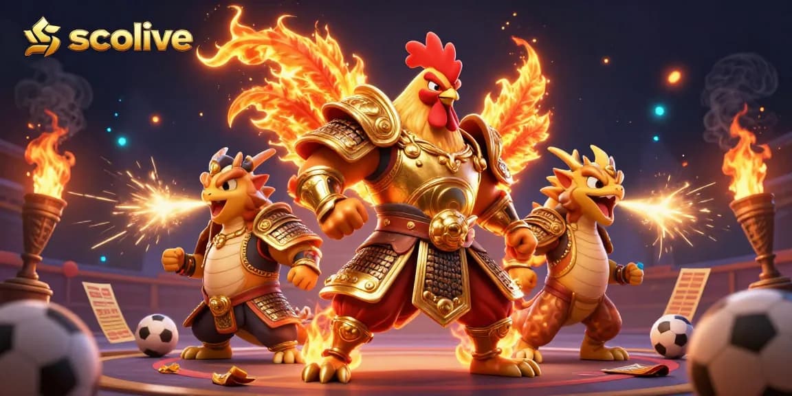 Socolive sports betting action, featuring cartoon rooster warrior, dragon, and vibrant gambling elements.
