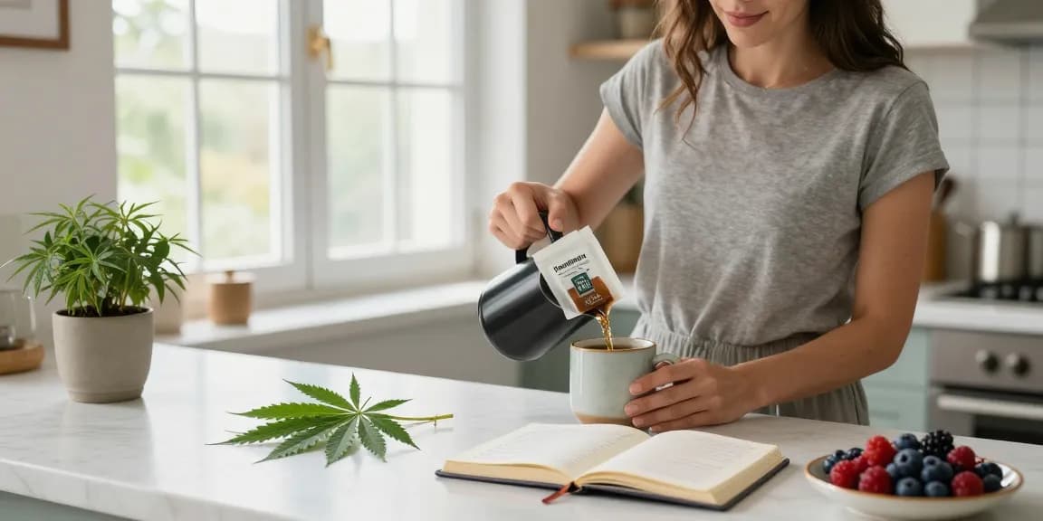 How to Make Hempworx CBD Coffee: A serene morning scene with natural light showcasing the preparation of Hempworx CBD Coffee, fresh hemp leaves, and wellness items.