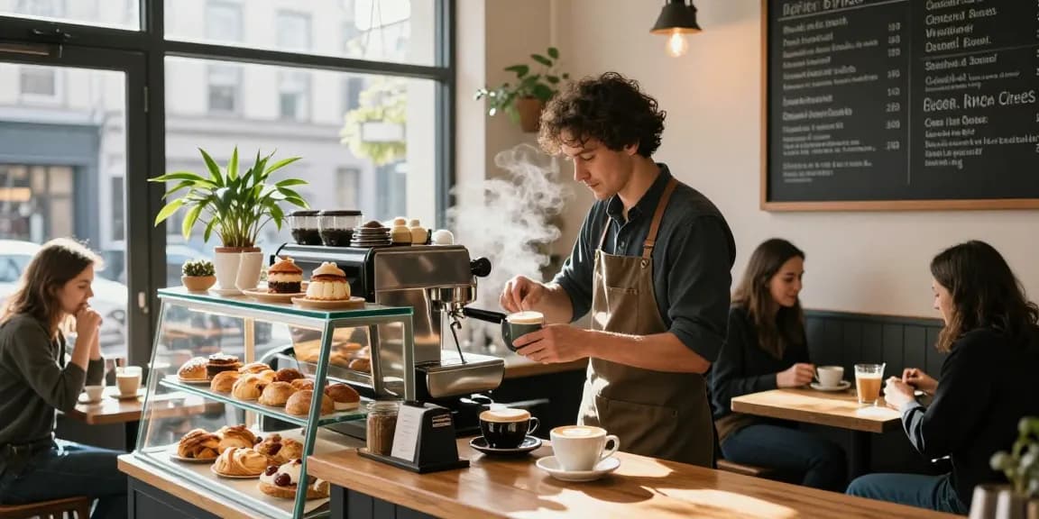 Enjoying artisanal coffee at https://forumup.org/shop/search.php?ca_id=&addr1=&addr2=&addr3=&schKeyword= in a cozy café with barista creating latte art.