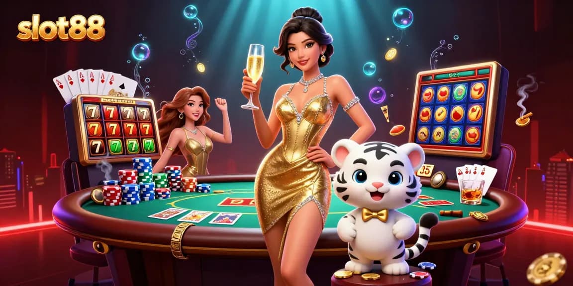 Play thrilling slot88 games with a glamorous lady and a lucky white tiger in a rich casino scene