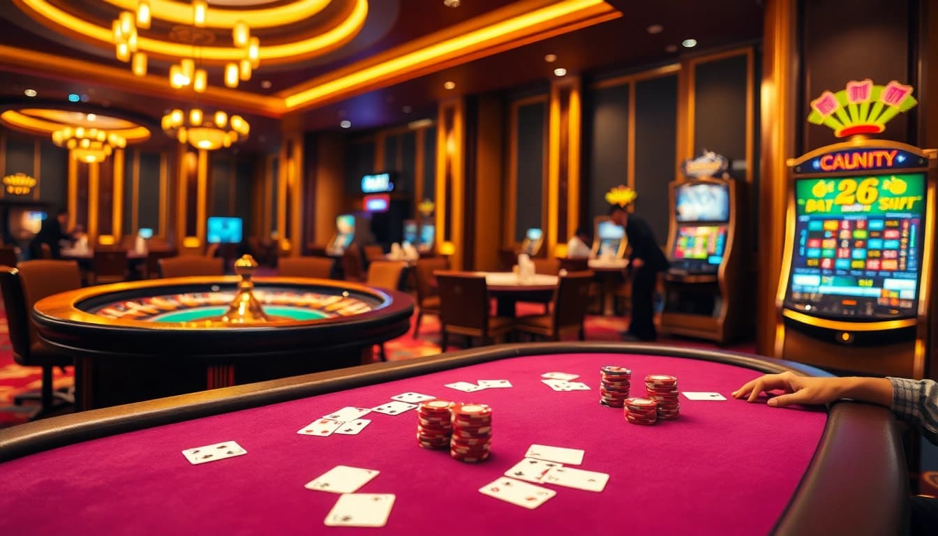 Enjoying a thrilling moment at https://jun88.buzz/ with poker chips and roulette wheel in a luxurious casino.