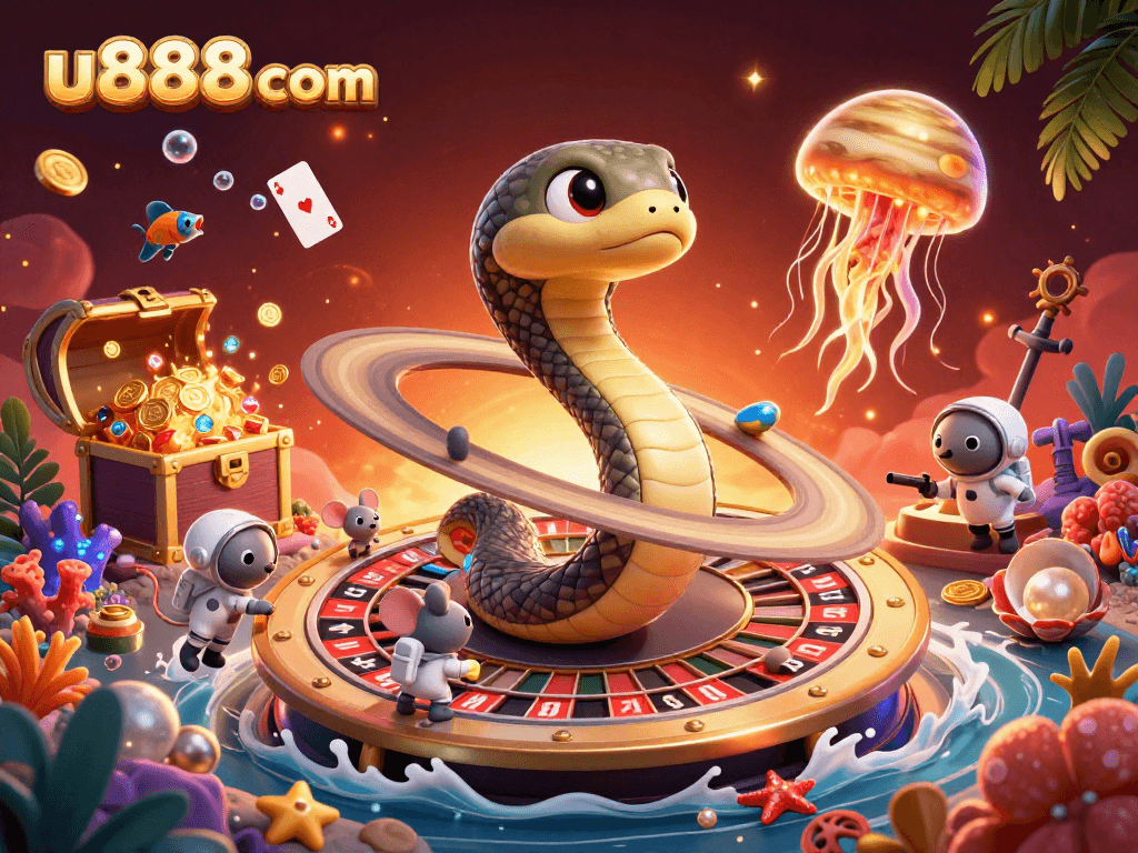 u888com engages gamblers with a vibrant scene of astronaut mice betting on a cosmic roulette wheel