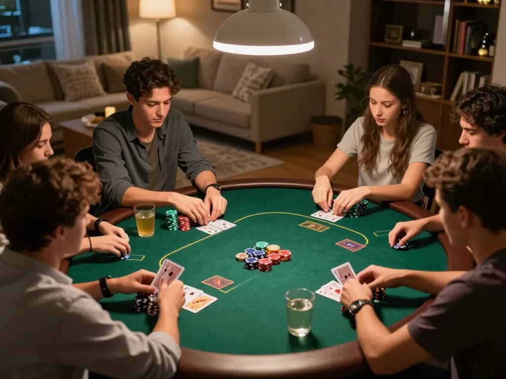 Friends enjoying a friendly poker game at home while using keonhacai strategies for winning hands.