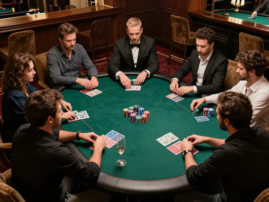 Players strategizing over a game of poker at the official hidden wiki private gaming table in an upscale setting.