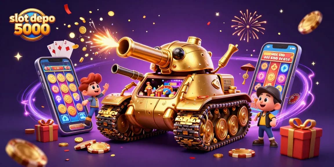 Engage with slot depo 5000 through a vibrant 3D casino experience with golden beetles and celebrating patrons.