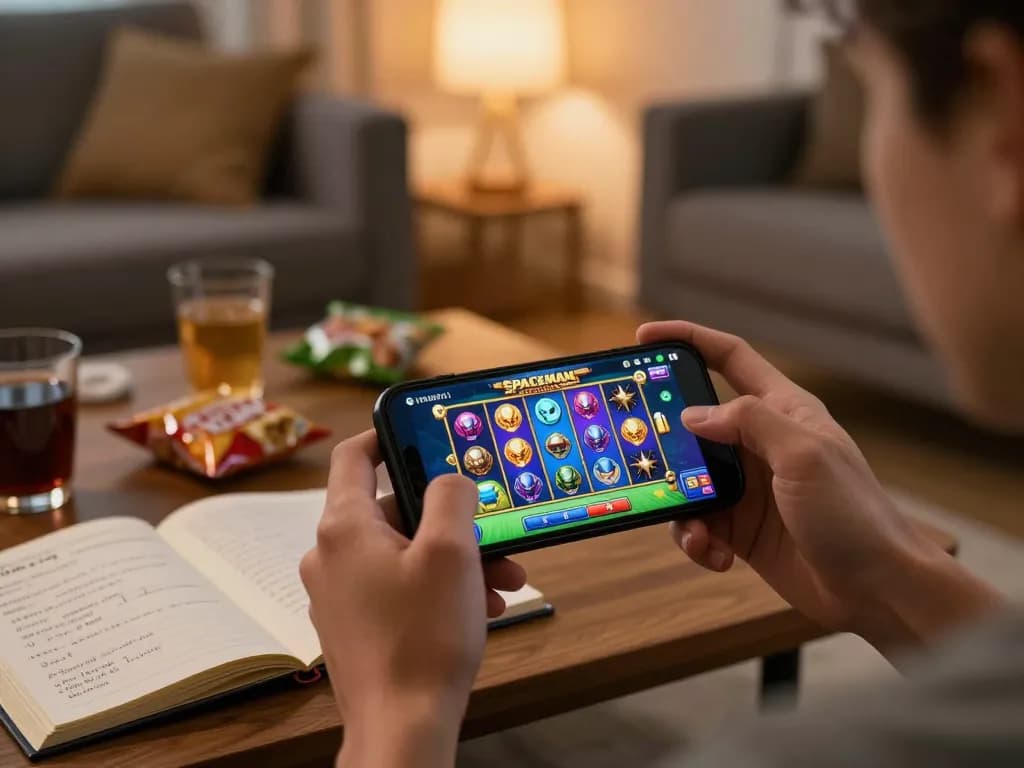 Engaged player spinning the reels on the Spaceman slot game using a smartphone in a cozy home setting.