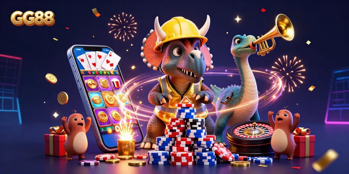 Engage with GG88's exciting gaming atmosphere filled with poker chips and slot games.